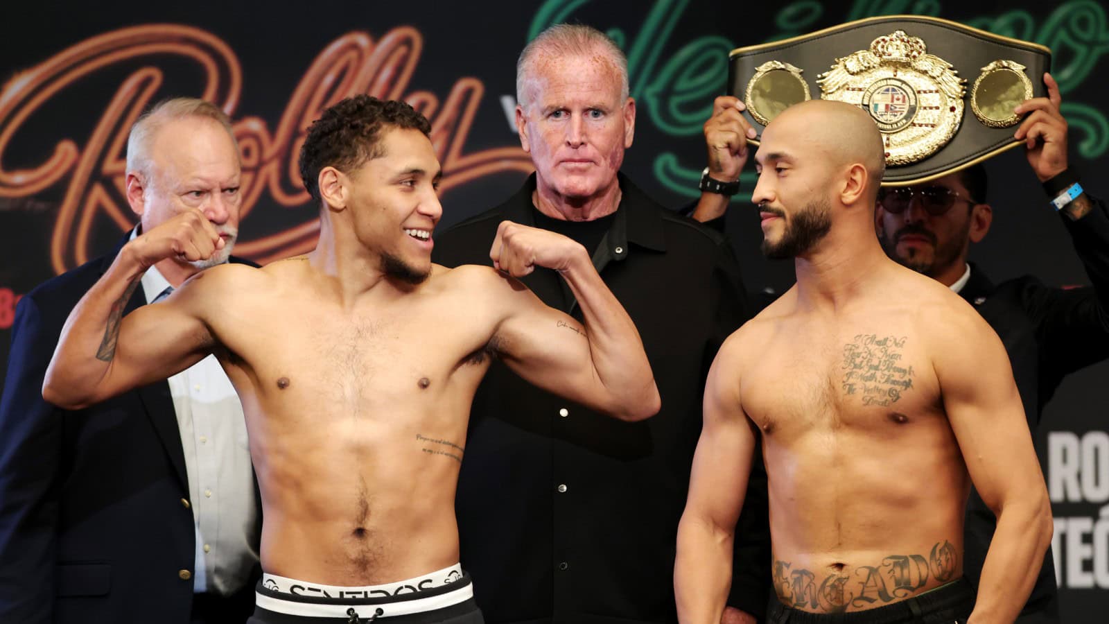 Carlos Utria and Israel Mercado face off at the weigh-in ahead of their super lightweight fight at T-Mobile Arena in Las Vegas