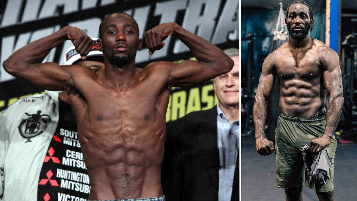 Terence Crawford weighs in for his 2014 lightweight fight with Ray Beltran alongside a later image showing his much heavier physique