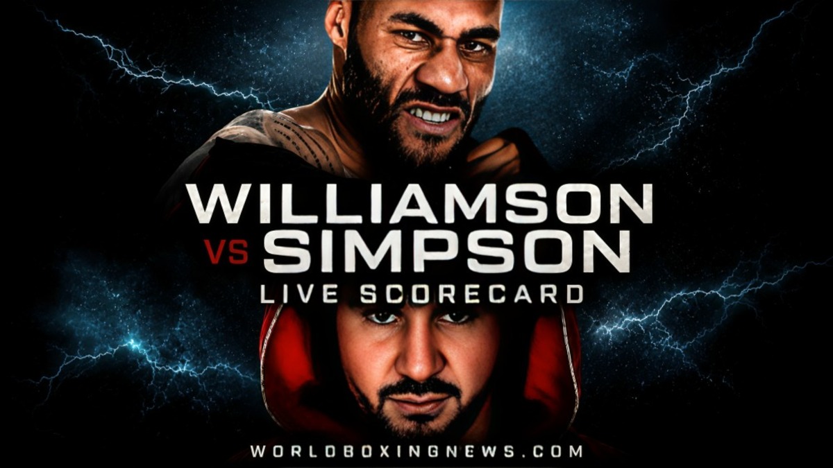 Troy Williamson and Callum Simpson featured on a World Boxing News live scorecard graphic ahead of their British and Commonwealth super middleweight title fight in Leeds