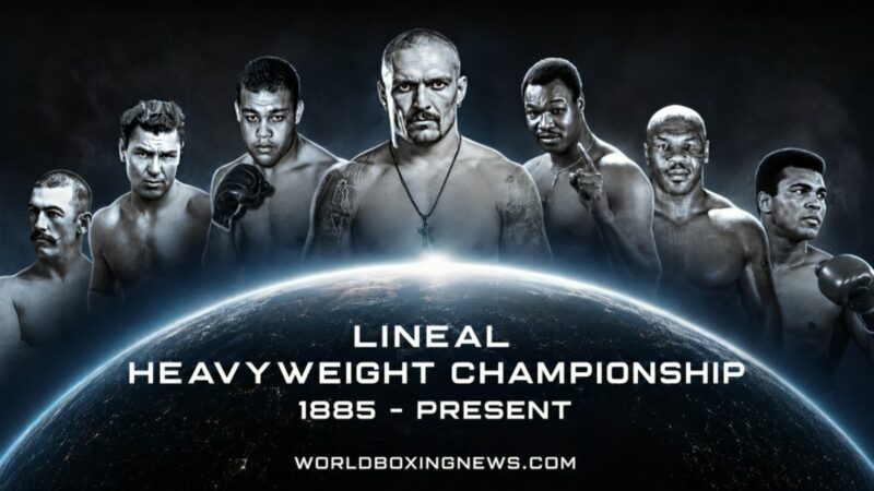 Image composite mettant en vedette Oleksandr Usyk, Muhammad Ali, Mike Tyson, Joe Louis, Jack Dempsey et John L. Sullivan représentant la lignée linéaire des championnats des poids lourds de 1885 à nos jours.