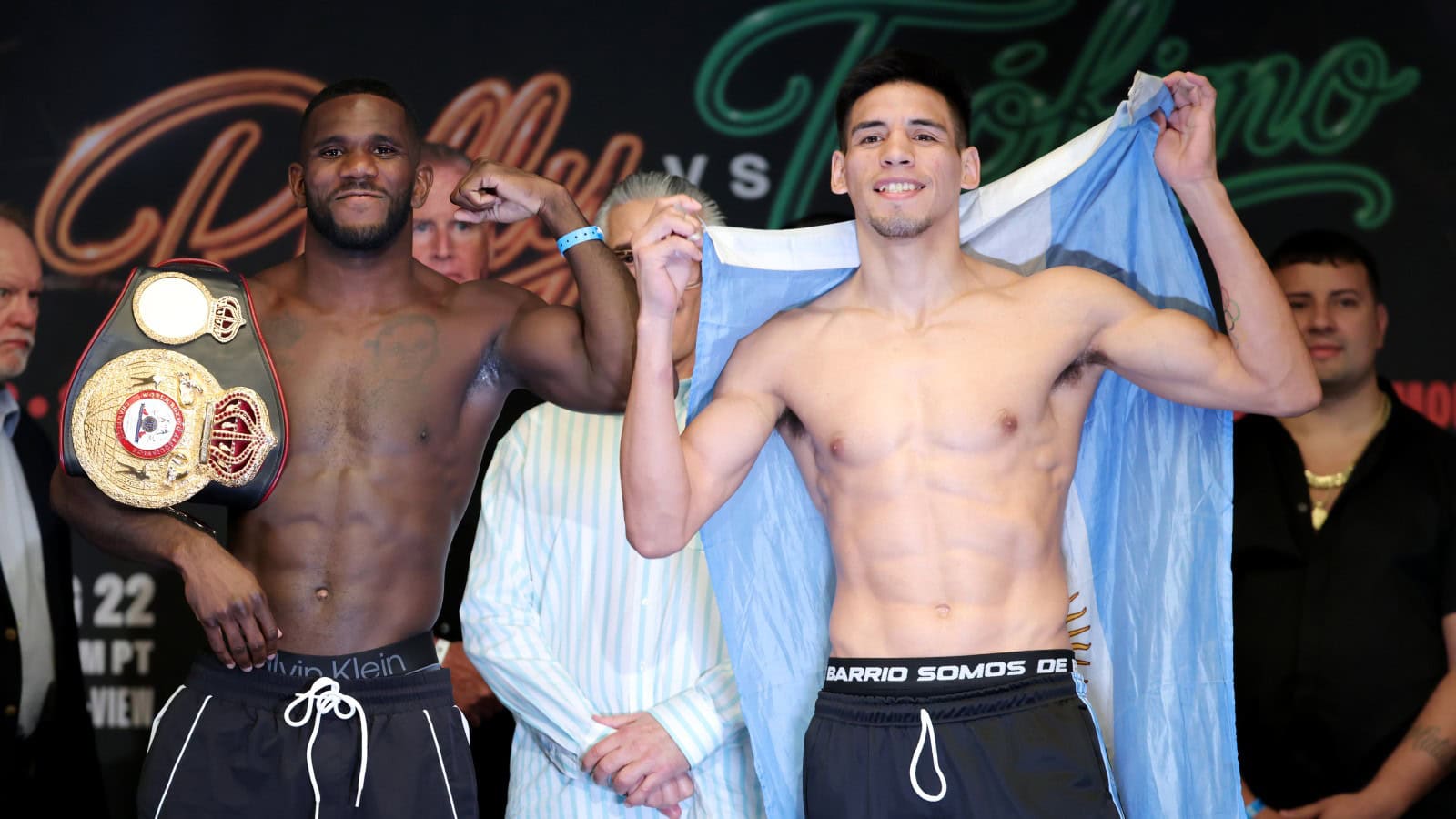 Yoenli Hernandez and Francisco Veron pose at the weigh-in ahead of their middleweight fight at T-Mobile Arena in Las Vegas