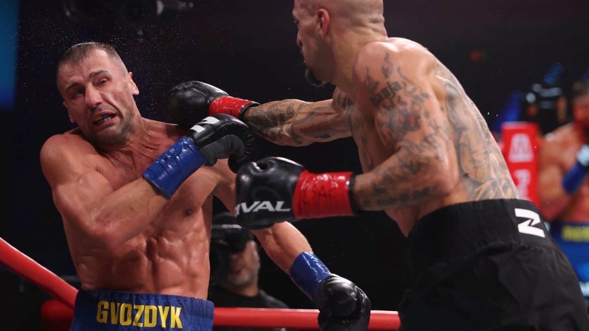 Oleksandr Gvozdyk takes a punch during his Zuffa Boxing defeat to Radivoje Kalajdzic