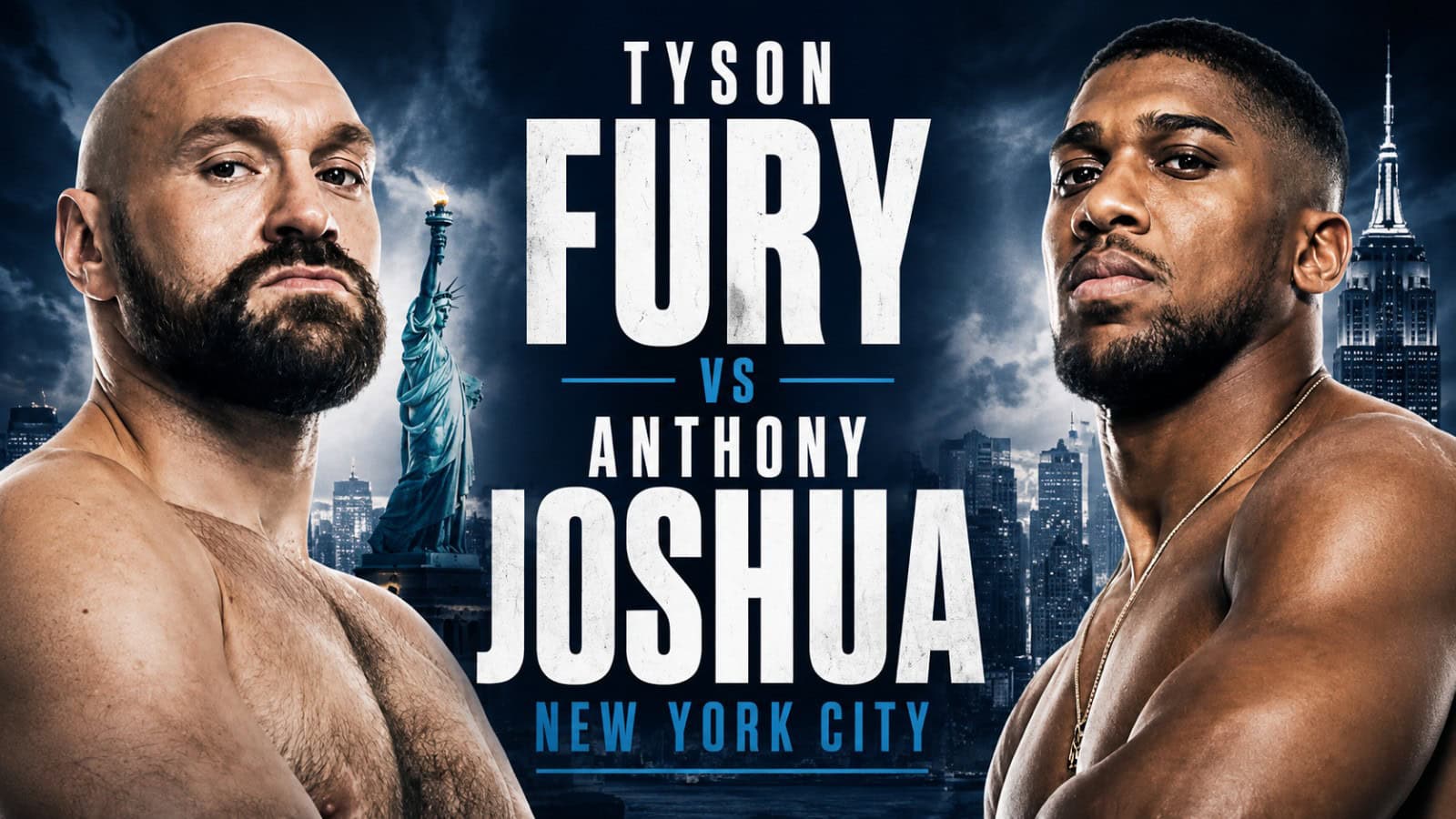Tyson Fury and Anthony Joshua face off in a New York City fight graphic