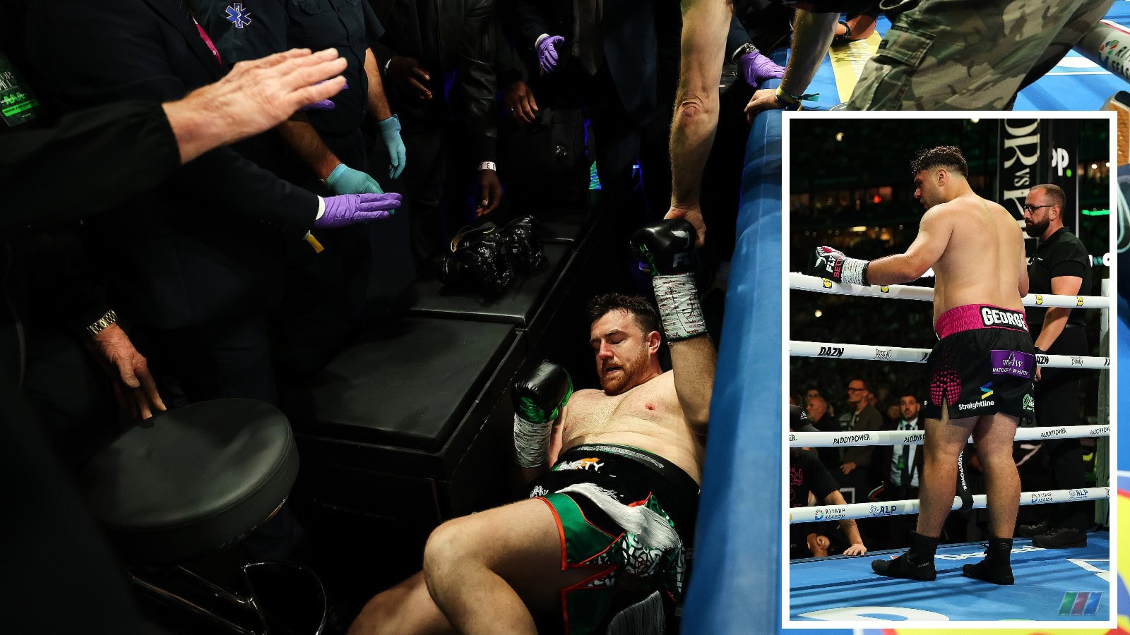 Thomas Carty lies outside the ring after his fight with Dave Allen ends in a no contest at Croke Park
