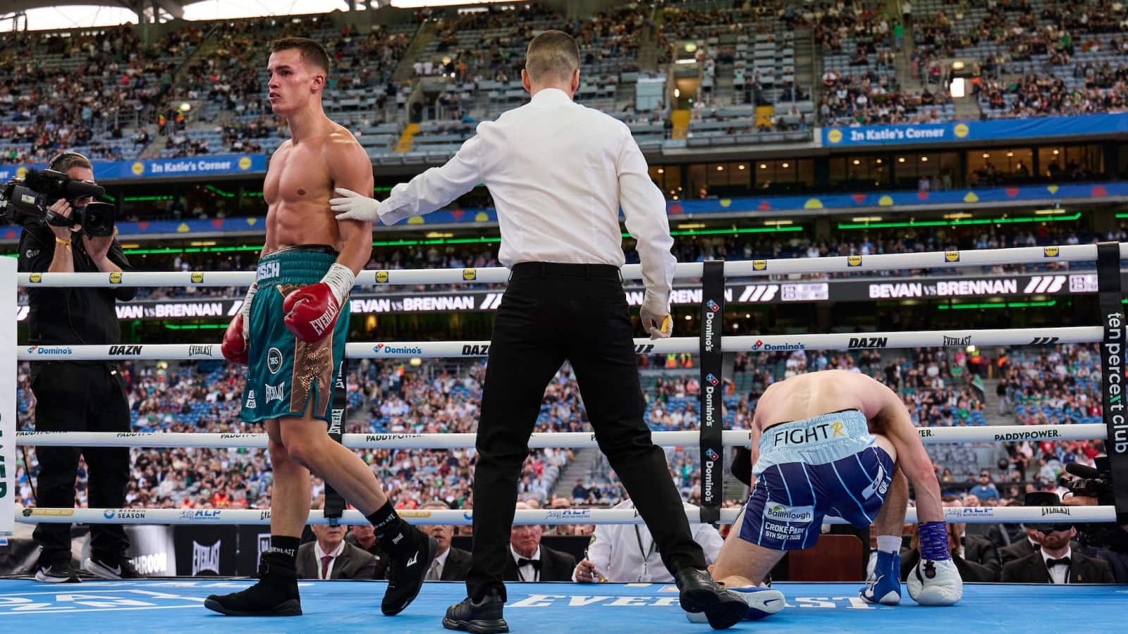 Emmet Brennan down on the canvas as Taylor Bevan walks away at Croke Park
