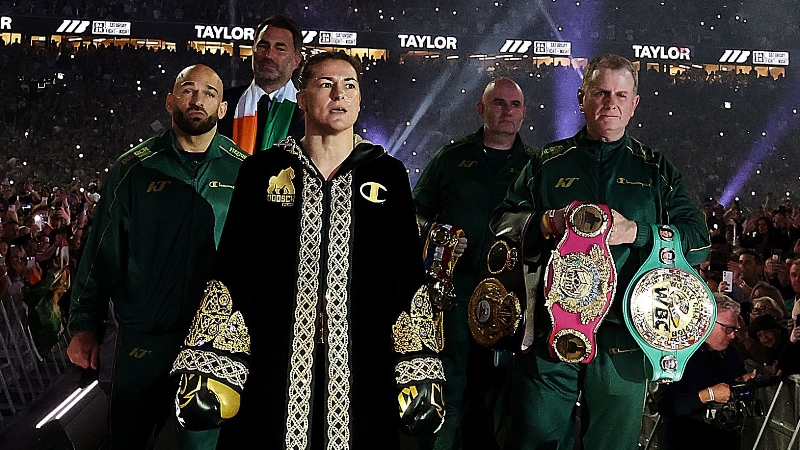 Eddie Hearn becomes emotional behind Katie Taylor during her Croke Park farewell