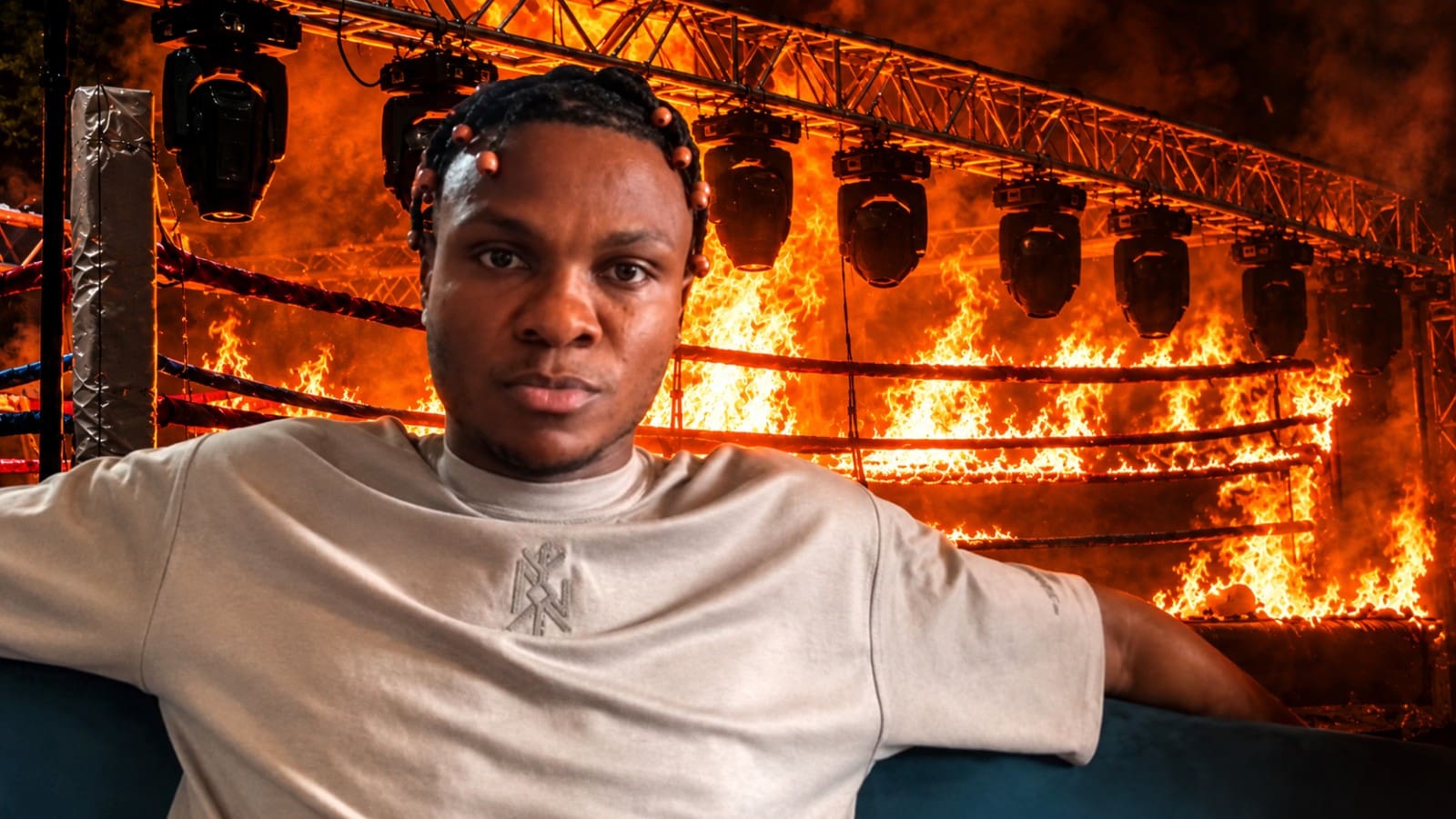 Juan Manuel Córdoba pictured in front of the burning Noche Suprema boxing ring in Hermosillo, Mexico