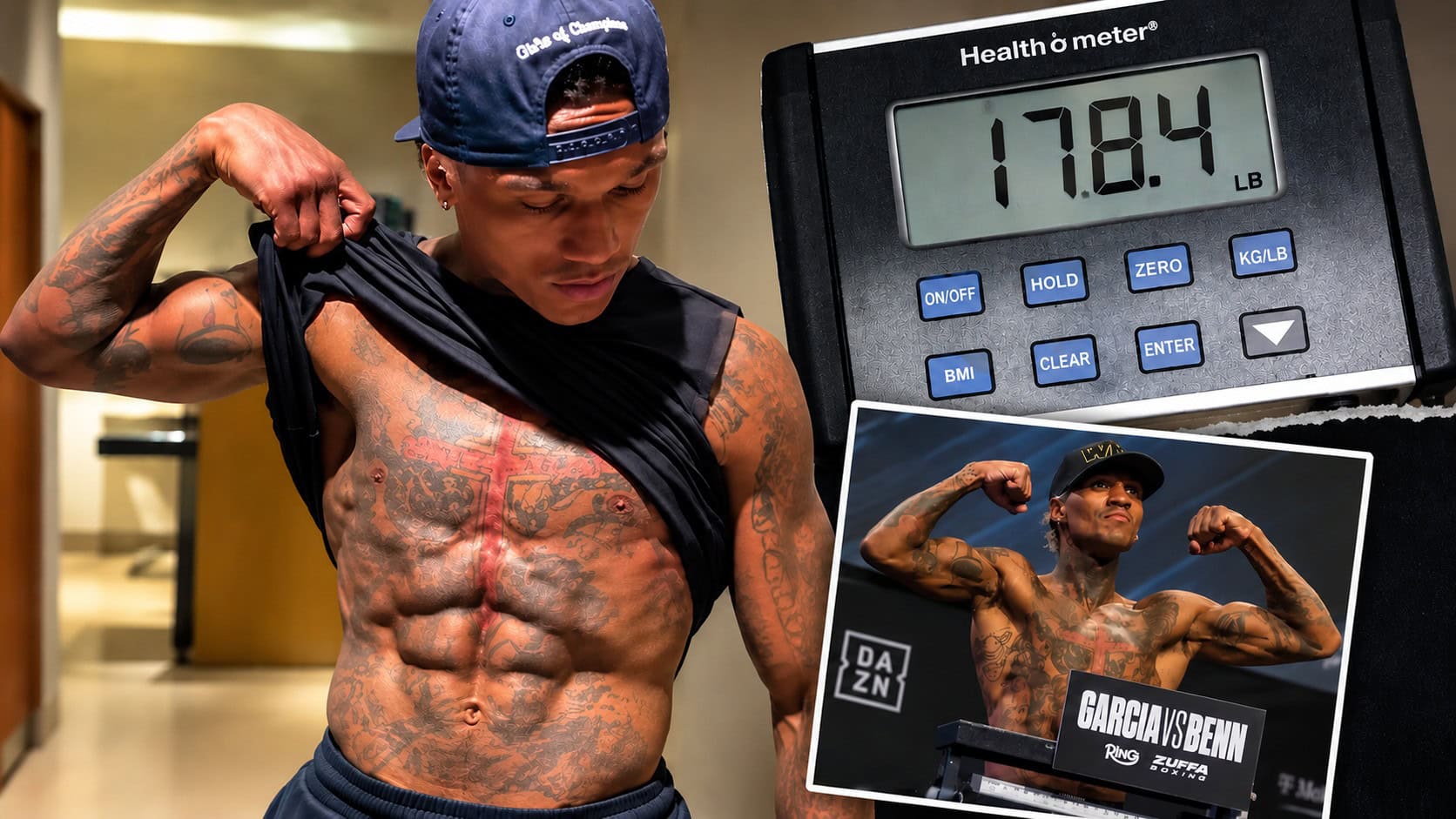 Conor Benn pictured alongside a 178.4-pound rehydration weight and his official Ryan Garcia weigh-in