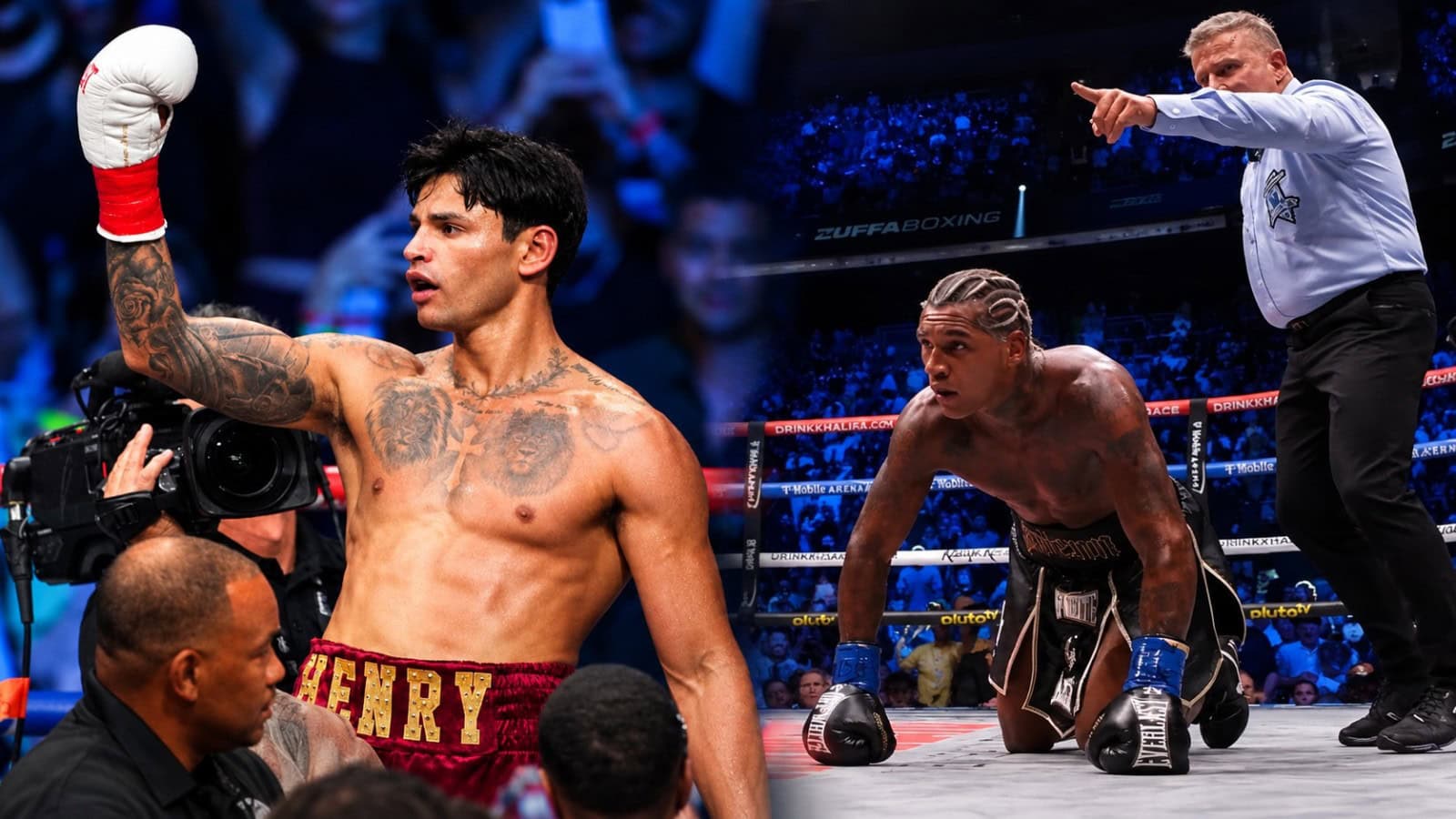 Ryan Garcia celebrates as Conor Benn recovers from a knockdown during their WBC welterweight title fight in Las Vegas