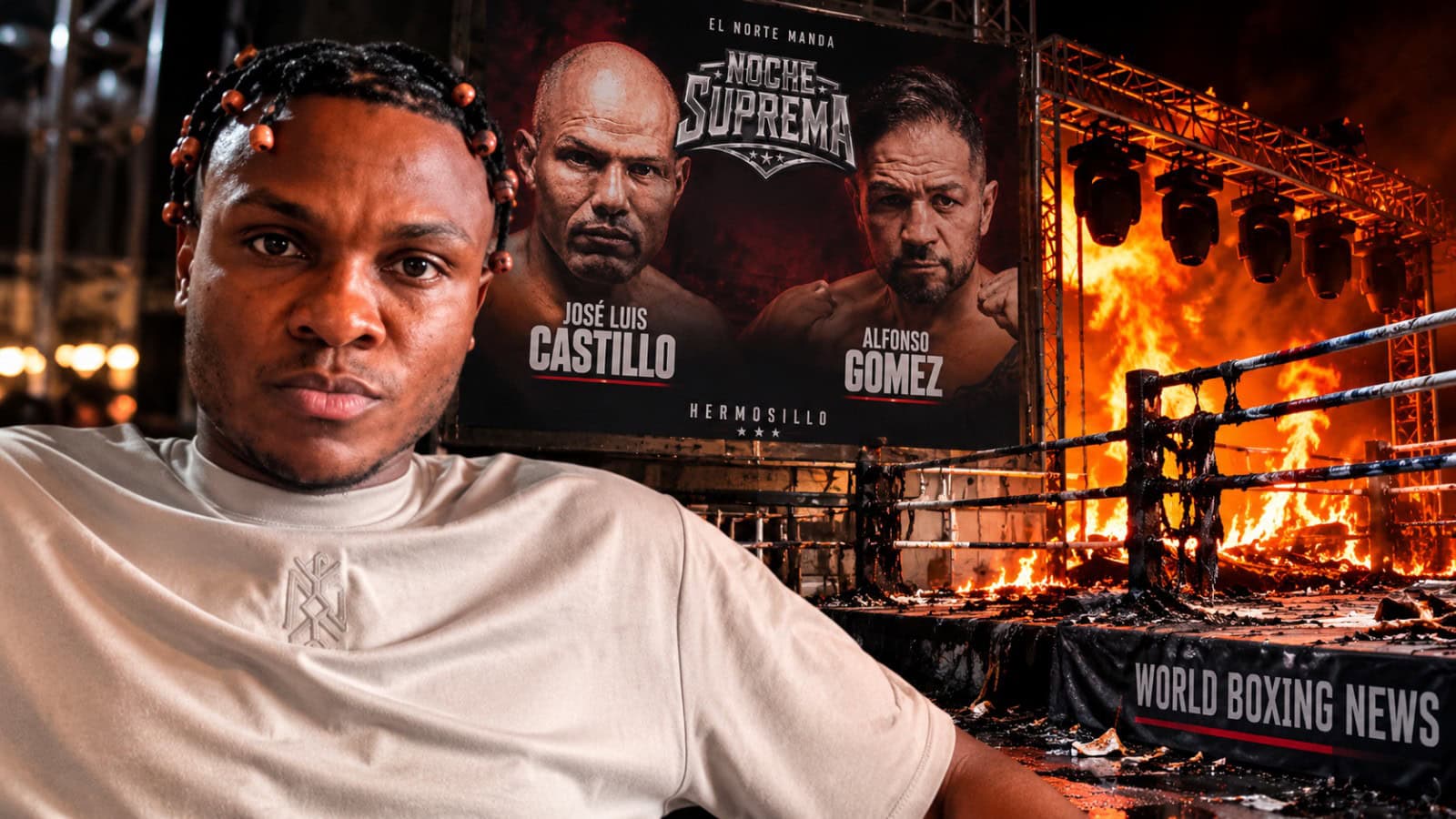 Juan Manuel Córdoba pictured with Noche Suprema imagery and a burning boxing ring after his Miguel Berchelt fight collapsed