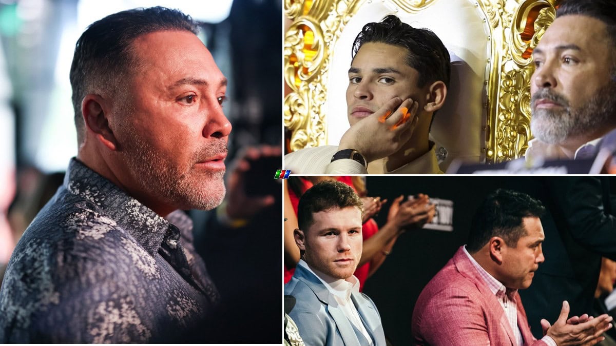 Oscar De La Hoya with former Golden Boy stars Ryan Garcia and Canelo Alvarez