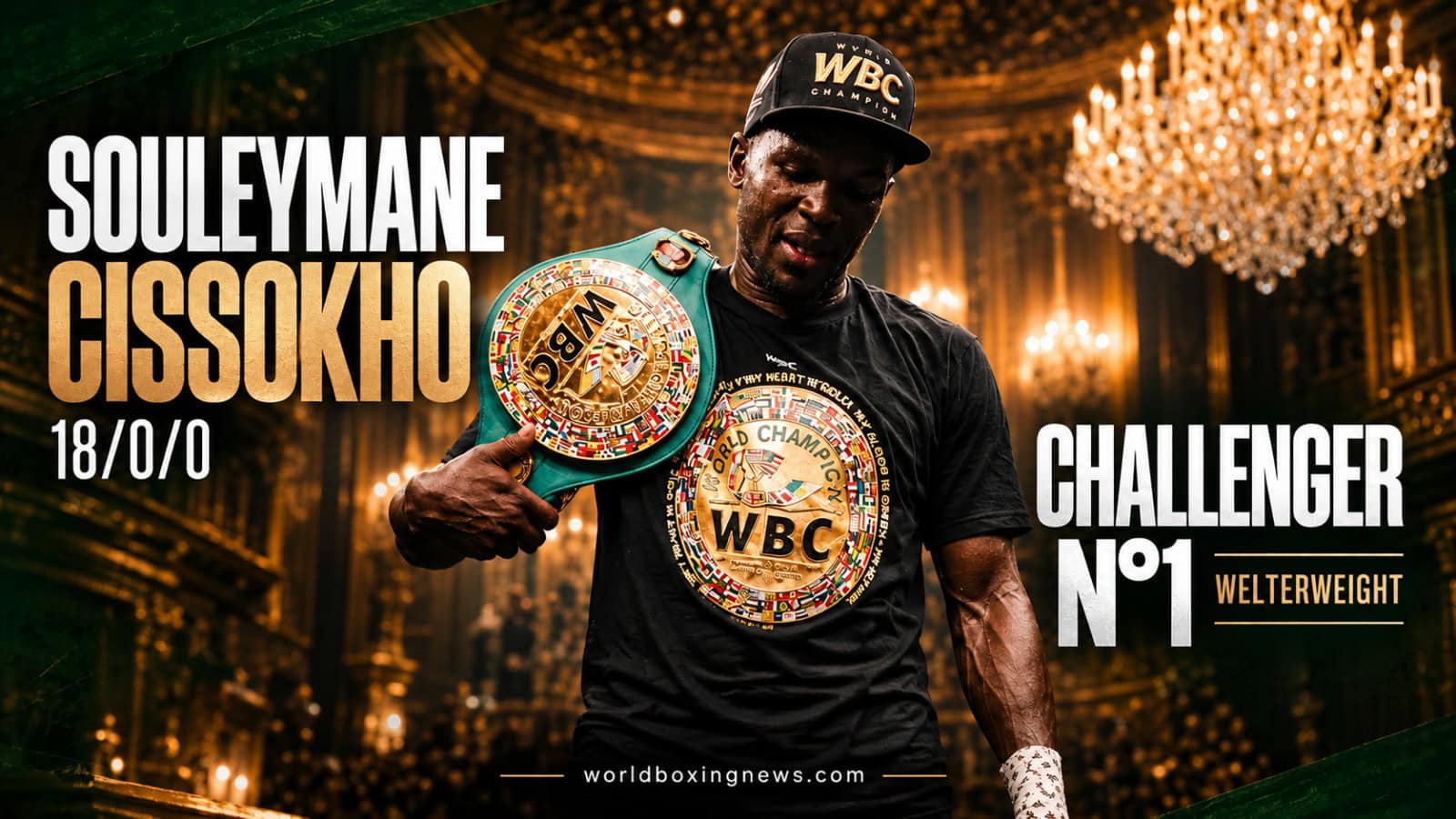 ouleymane Cissokho with his WBC Silver title as the unbeaten 18-0 welterweight contender