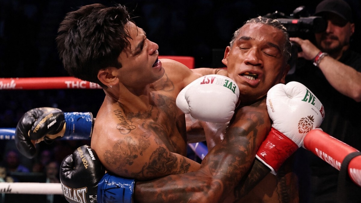 Ryan Garcia lands a punch on Conor Benn during their WBC welterweight title fight at T-Mobile Arena in Las Vegas