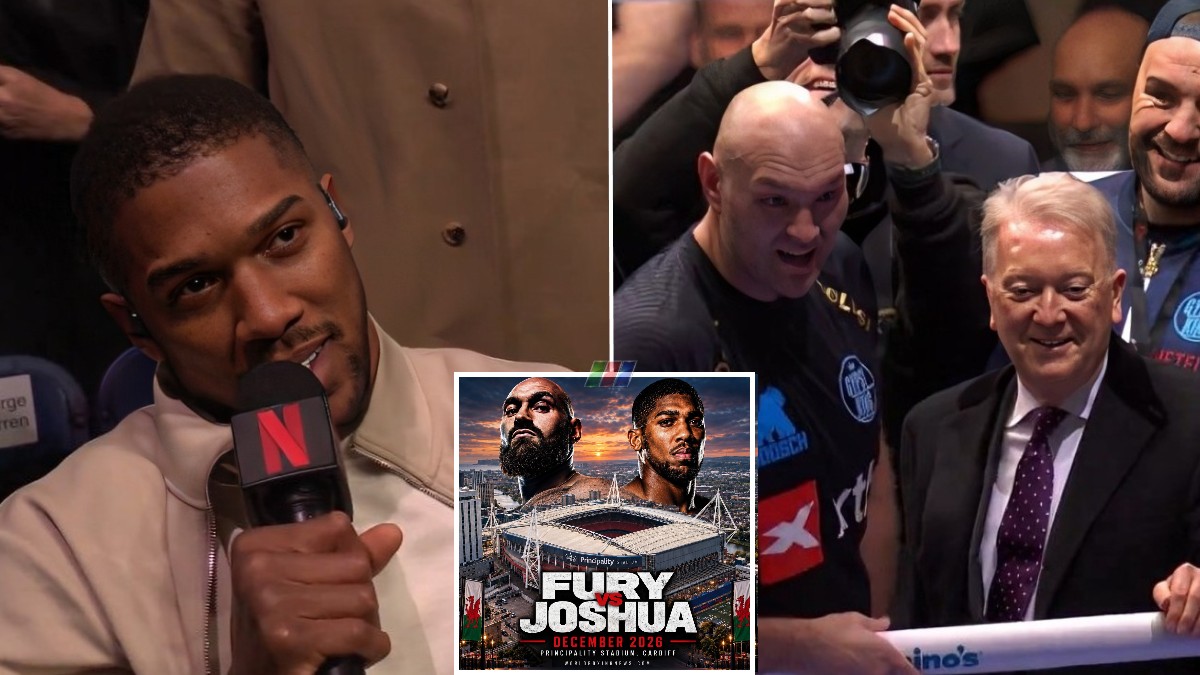 Anthony Joshua and Tyson Fury with a Cardiff fight graphic as their proposed December 11 showdown nears an announcement