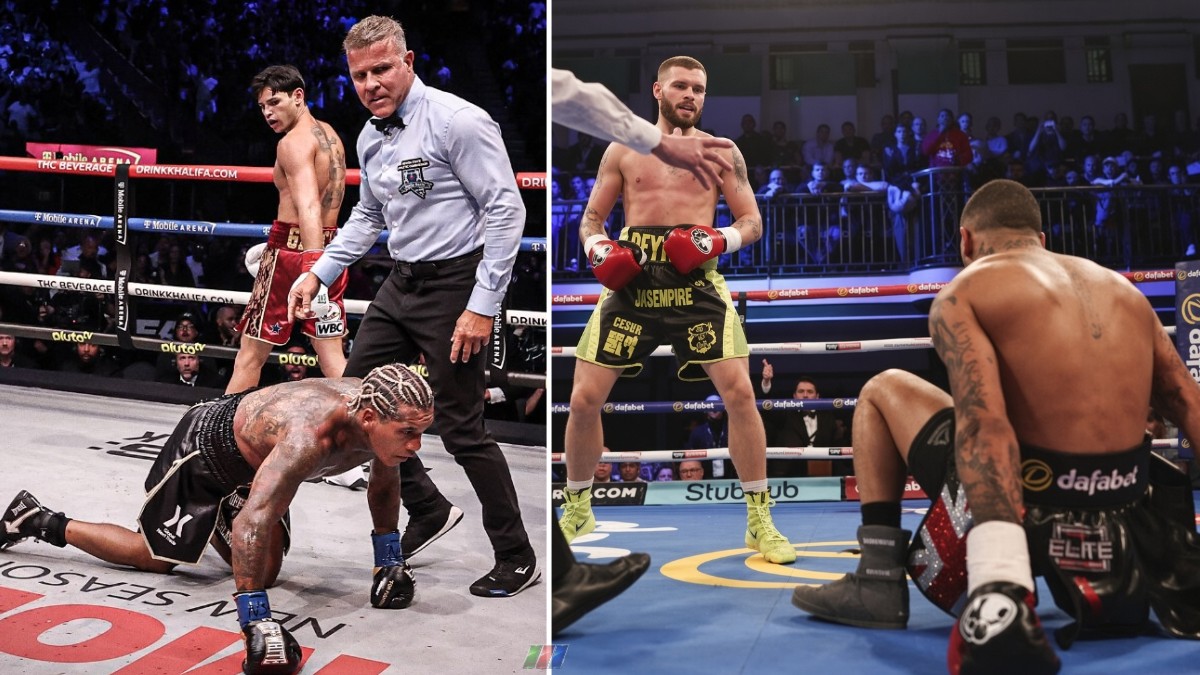 Ryan Garcia and Cedrick Peynaud stand over Conor Benn after knocking him down in separate fights