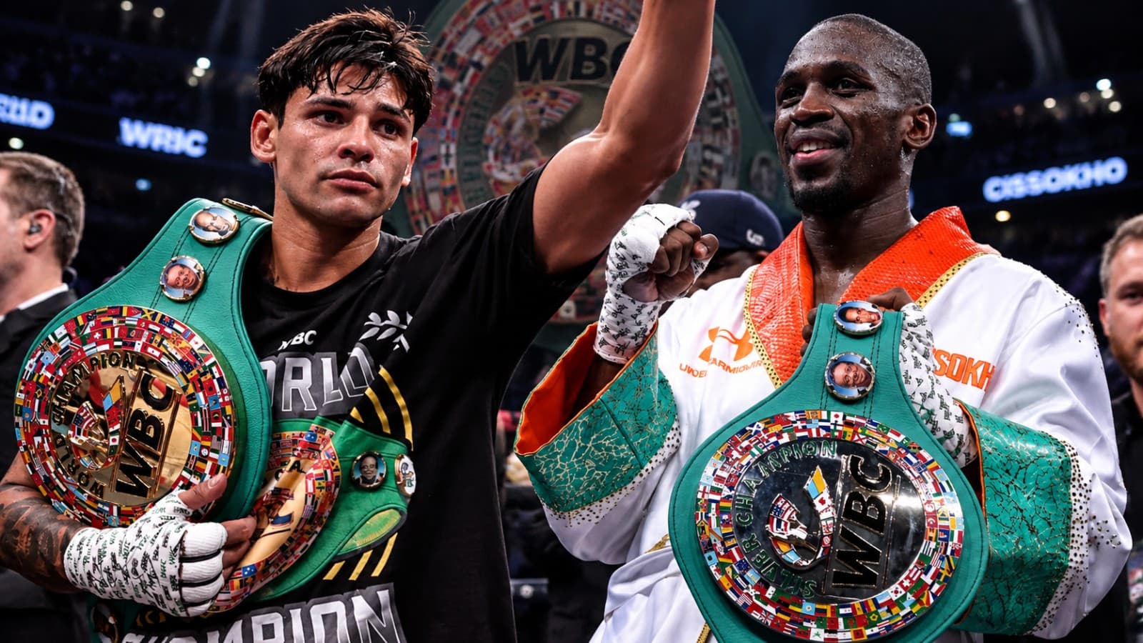 Ryan Garcia and Souleymane Cissokho pictured with their WBC championship belts