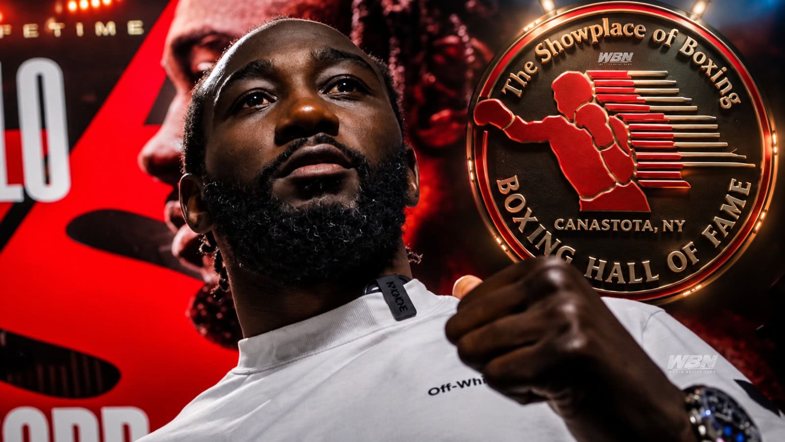 Terence Crawford alongside the International Boxing Hall of Fame emblem
