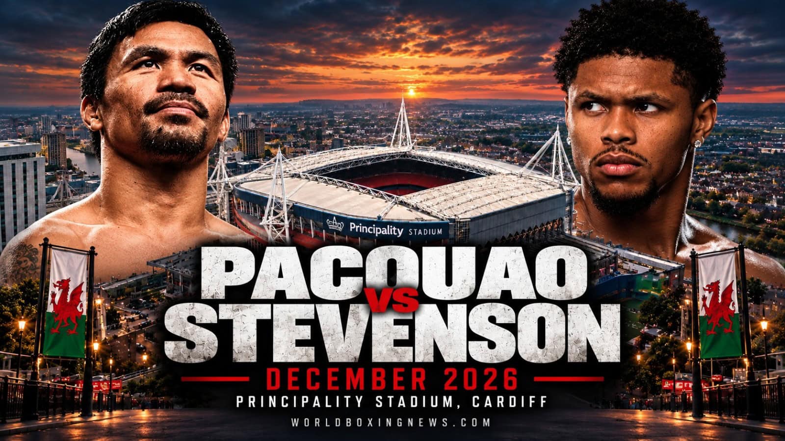 Manny Pacquiao and Shakur Stevenson pictured over Principality Stadium in Cardiff amid reports of a December 2026 fight