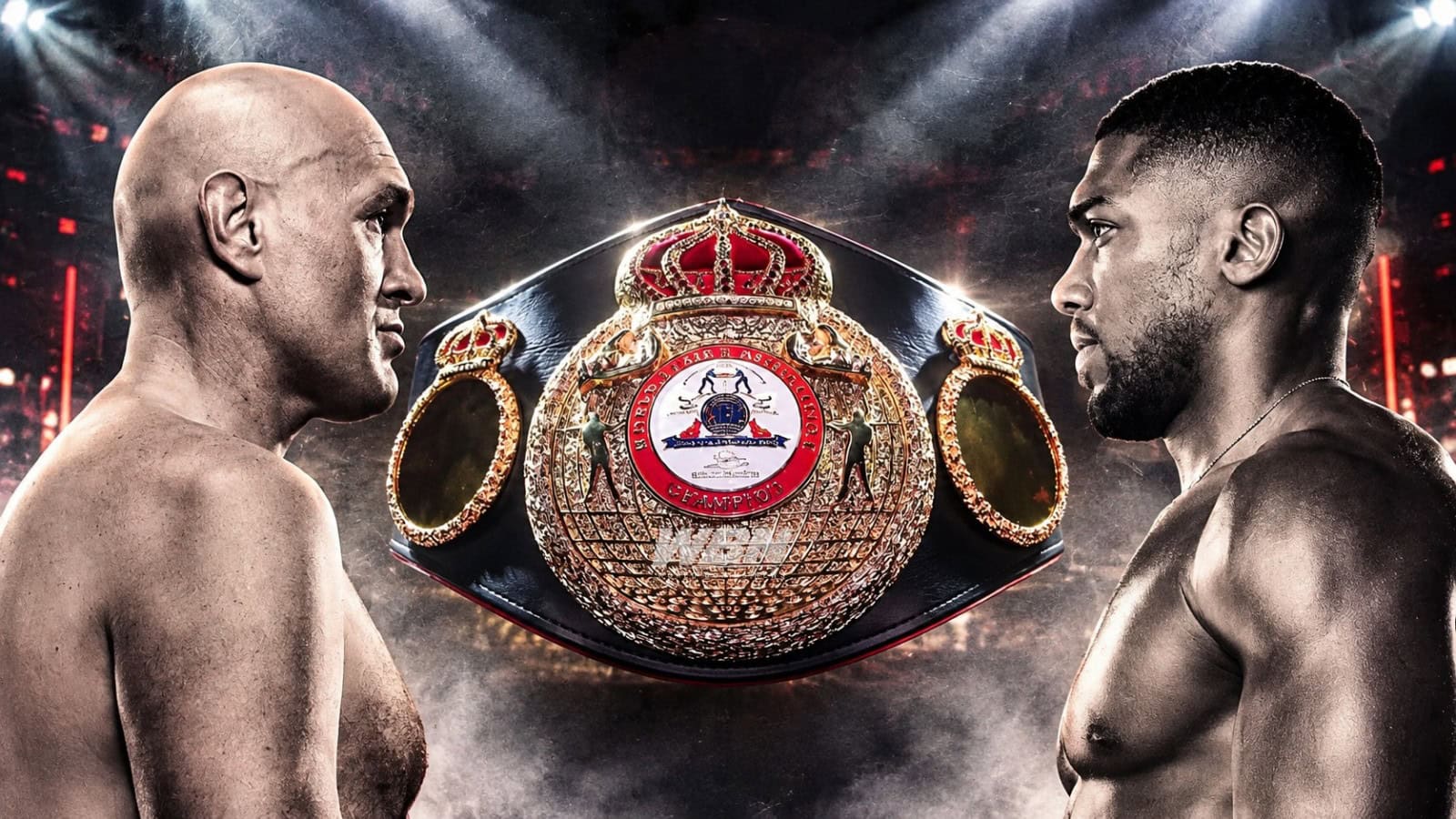 Tyson Fury and Anthony Joshua face off with a WBA heavyweight title belt ahead of their December 11 fight
