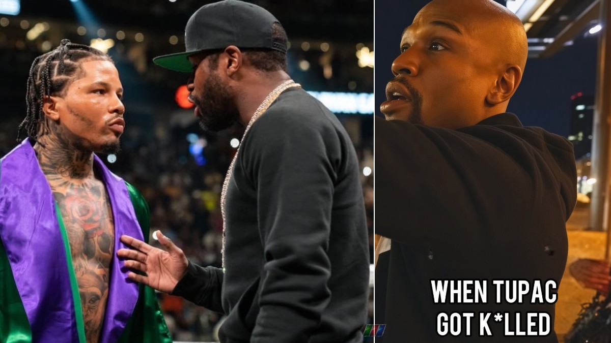 Gervonta Davis with Floyd Mayweather alongside footage of Mayweather discussing Tupac Shakur