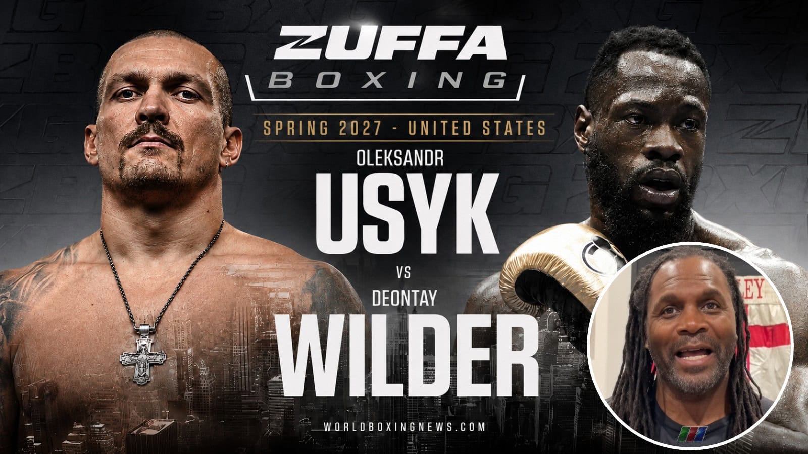 Oleksandr Usyk and Deontay Wilder on a Zuffa Boxing fight graphic alongside Audley Harrison