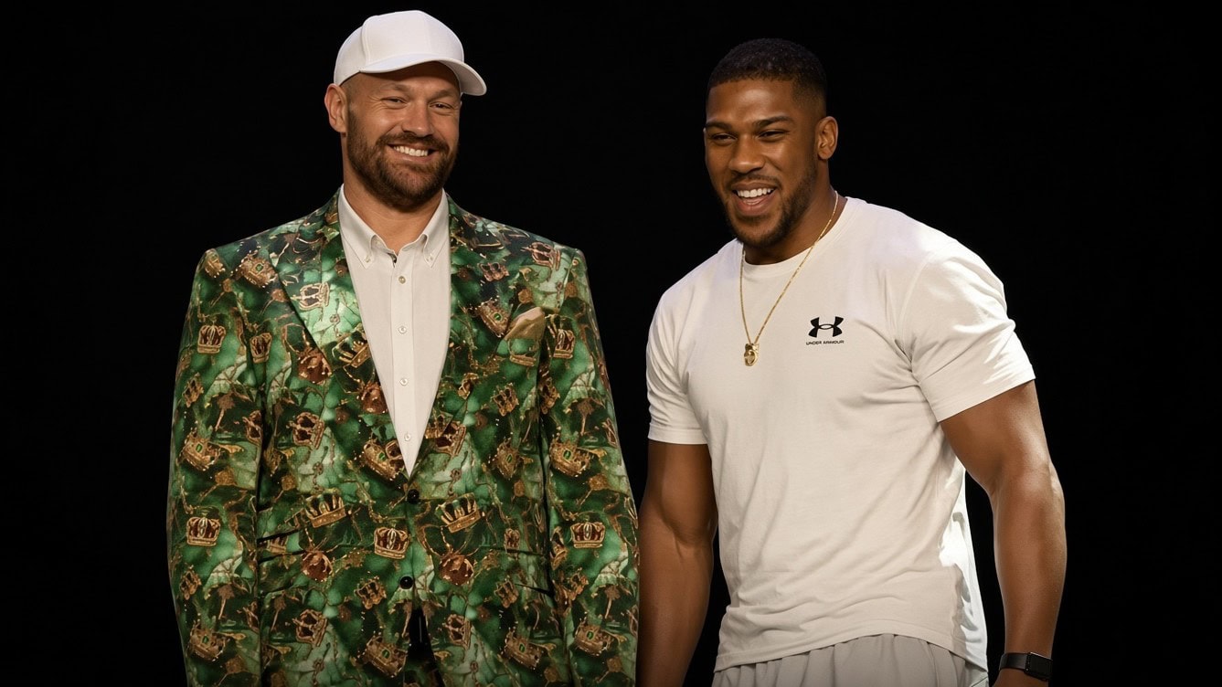 Tyson Fury and Anthony Joshua laugh together during the London press conference for their December 11 fight