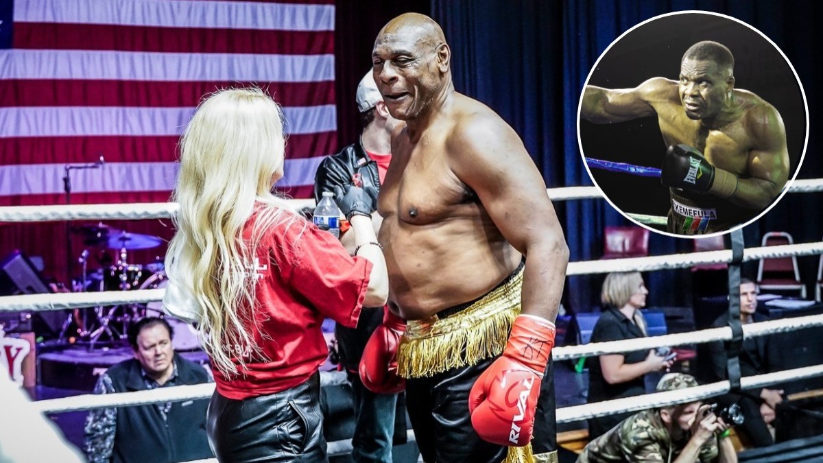 Oliver McCall in the boxing ring with heavyweight opponent Ike Ibeabuchi pictured in an inset