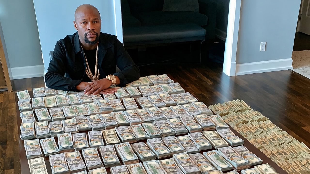 Floyd Mayweather sits behind a table covered with stacks of cash