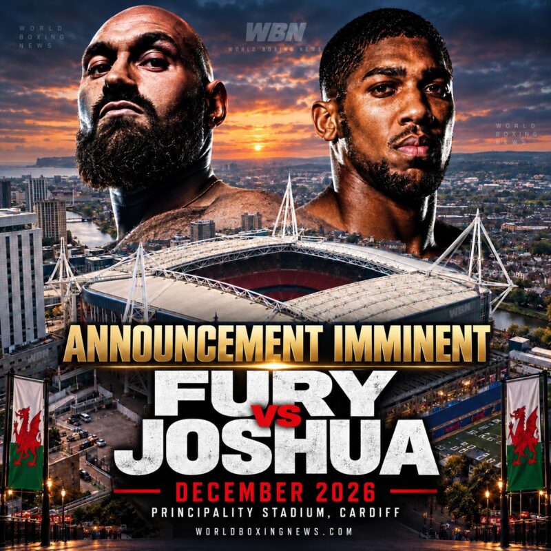 Tyson Fury et Anthony Joshua photographiés au-dessus du Principality Stadium de Cardiff alors que leur combat de décembre 2026 approche de l'annonce