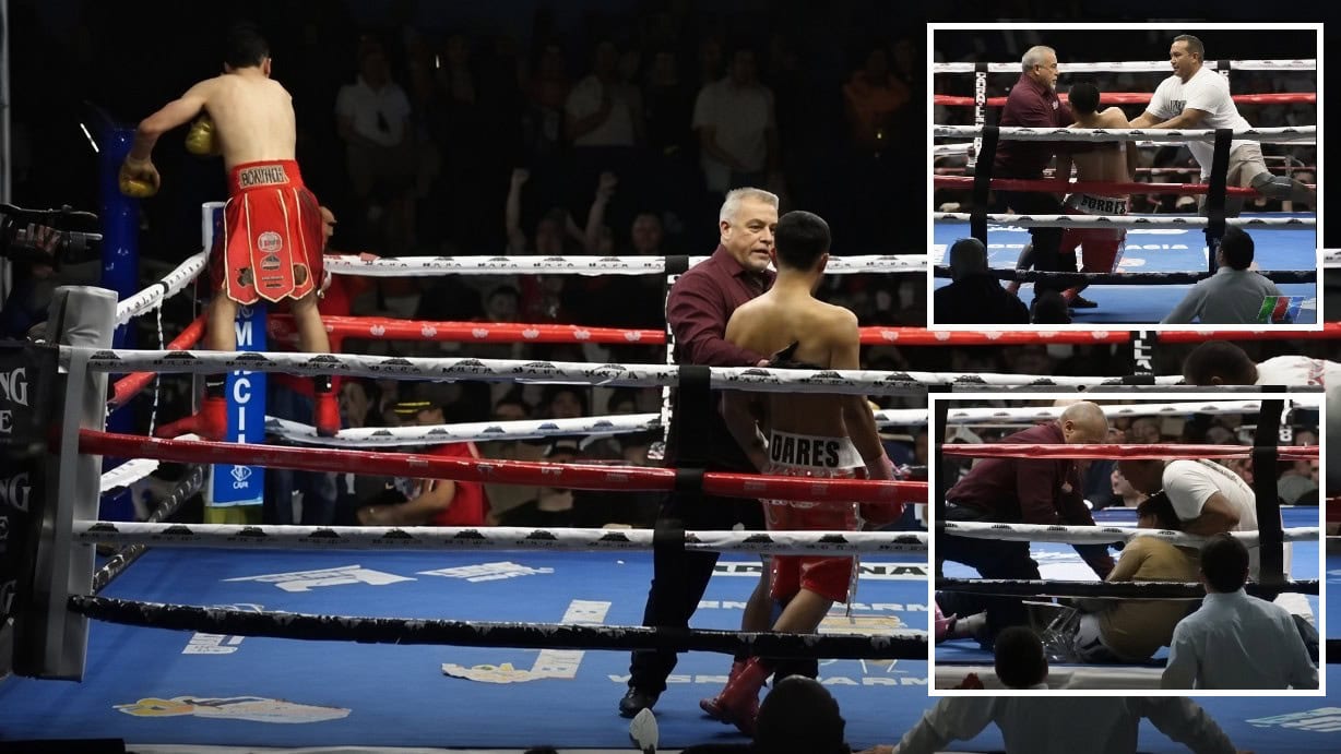 Arturo Torres collapses in the ring after the stoppage of his final boxing match in Mexicali