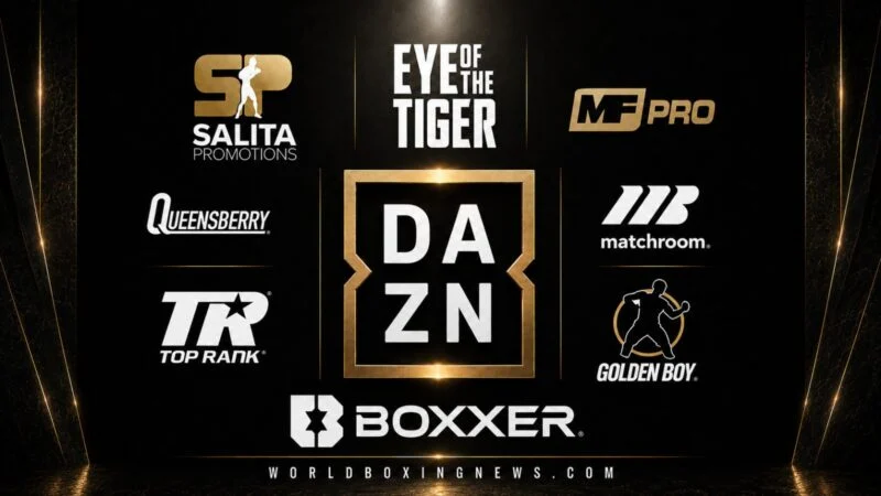 Graphique promotionnel DAZN montrant sa liste de promoteurs de boxe en 2026, avec les logos de Matchroom Boxing, Queensberry, Top Rank, Golden Boy Promotions, BOXXER, Salita Promotions, Eye of the Tiger et MF Pro entourant le logo DAZN