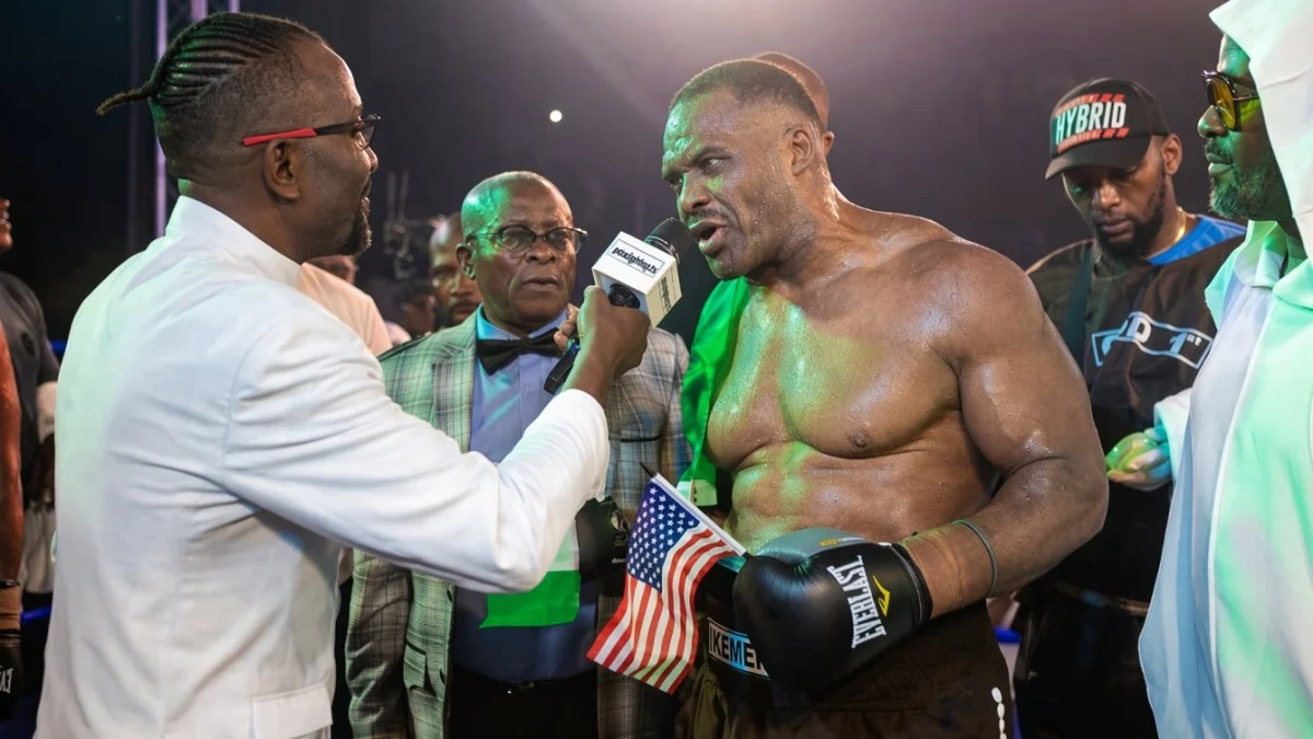 Ike Ibeabuchi speaks in the ring following his heavyweight boxing comeback