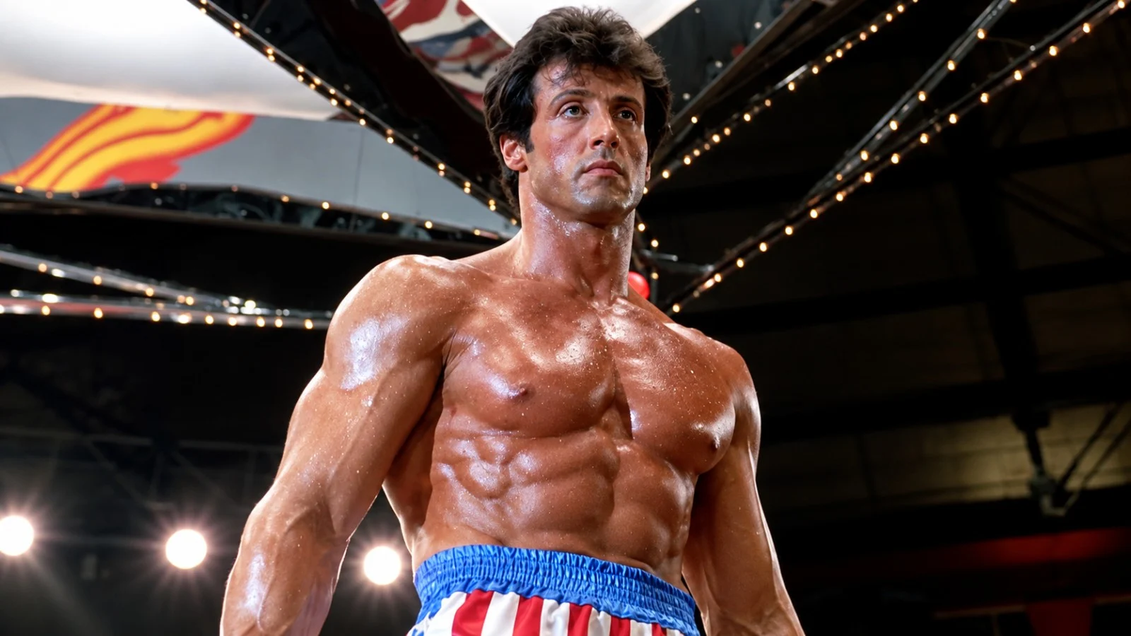 Sylvester Stallone displays his extreme Rocky physique in Rocky IV