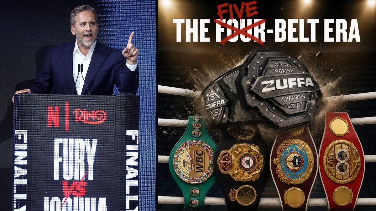 Max Kellerman pictured alongside a Zuffa Boxing graphic rejecting the traditional four-belt championship system
