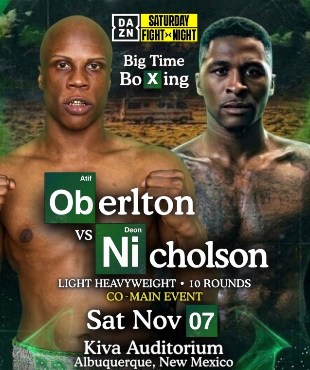Affiche de combat Atif Oberlton contre Deon Nicholson pour leur confrontation des mi-lourds du 7 novembre 2026 à Albuquerque, Nouveau-Mexique, en direct sur DAZN