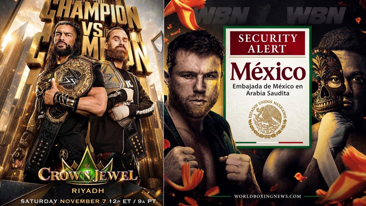 WWE Crown Jewel poster featuring Roman Reigns and Sami Zayn alongside Canelo Alvarez, Christian Mbilli and Mexico