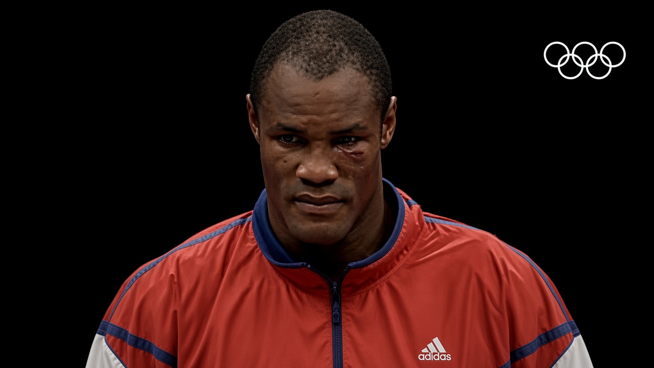 Cuban three-time Olympic boxing gold medalist Félix Savón pictured wearing a red tracksuit against a black background with the Olympic rings