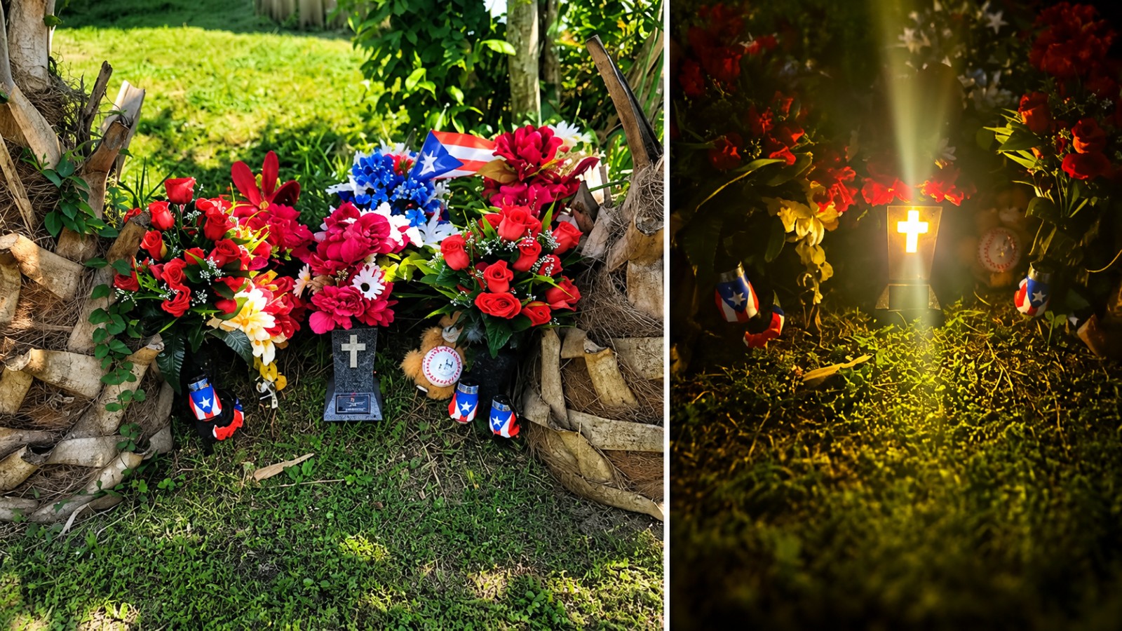 Flowers, Puerto Rican flags and personal keepsakes arranged in a memorial tribute to Prichard Colón, shown in daylight and illuminated at night