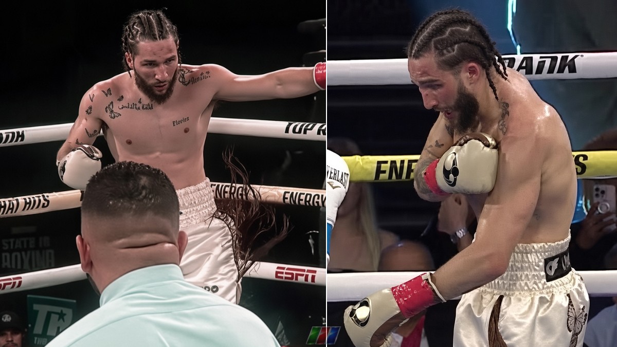 Nico Ali Walsh attempts to reposition his injured left shoulder during his rematch with Sona Akale, a fight he won despite suffering a severe dislocation