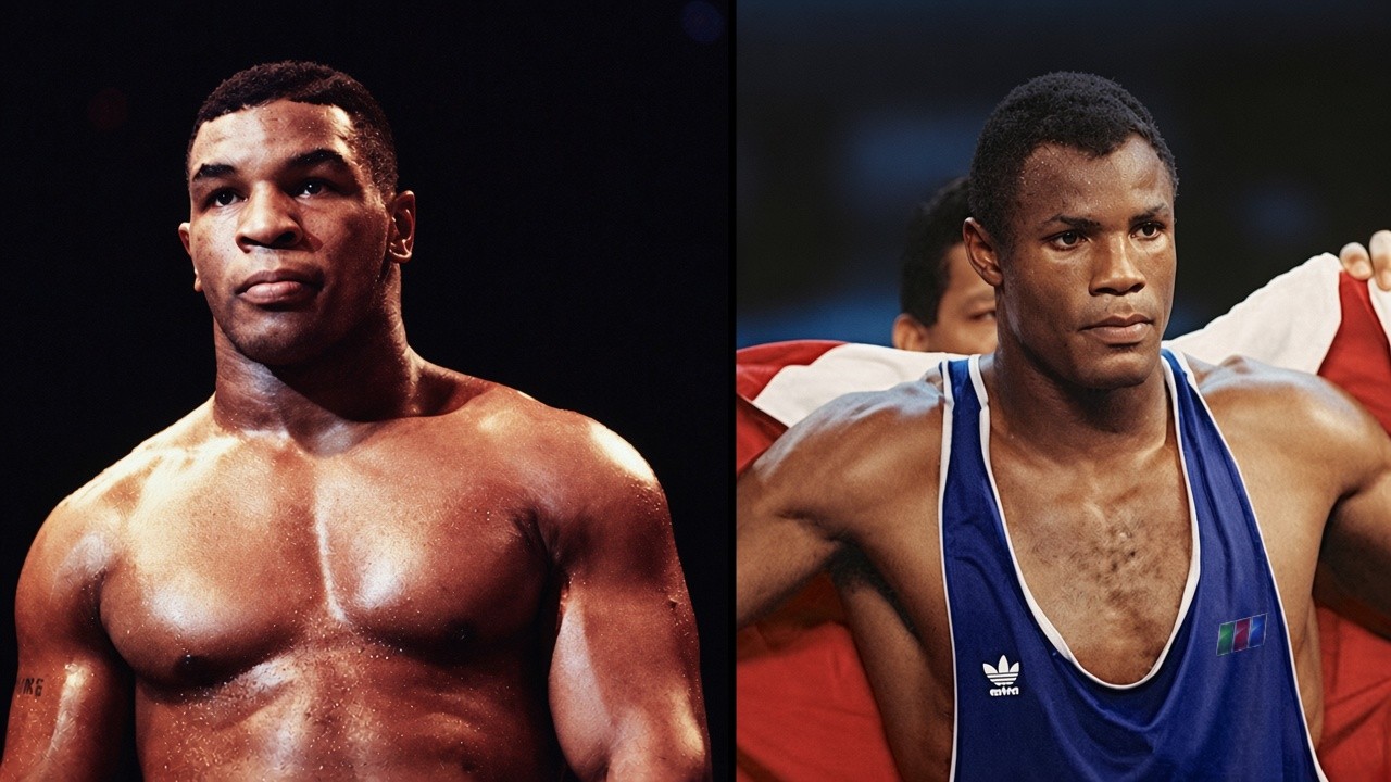 Mike Tyson and Cuban three-time Olympic gold medalist Félix Savón pictured side by side in archival boxing photographs, representing their proposed heavyweight fight that never happened