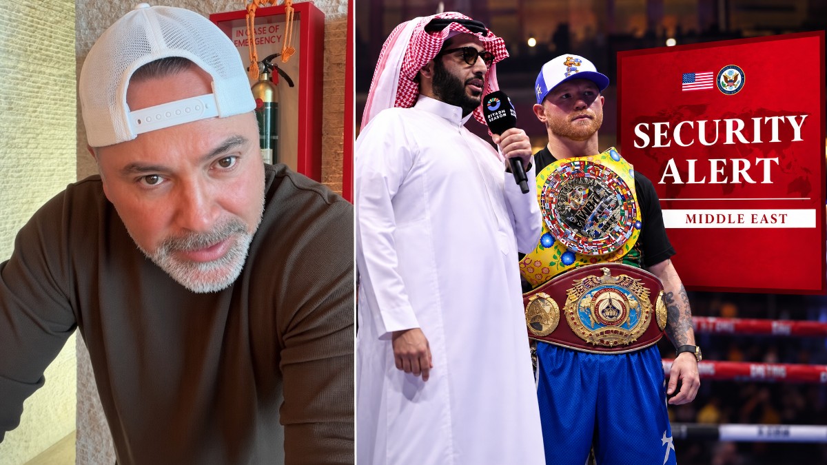Oscar De La Hoya pictured alongside Turki Alalshikh and Canelo Alvarez with a Middle East security alert graphic amid concerns over their Saudi Arabia fight