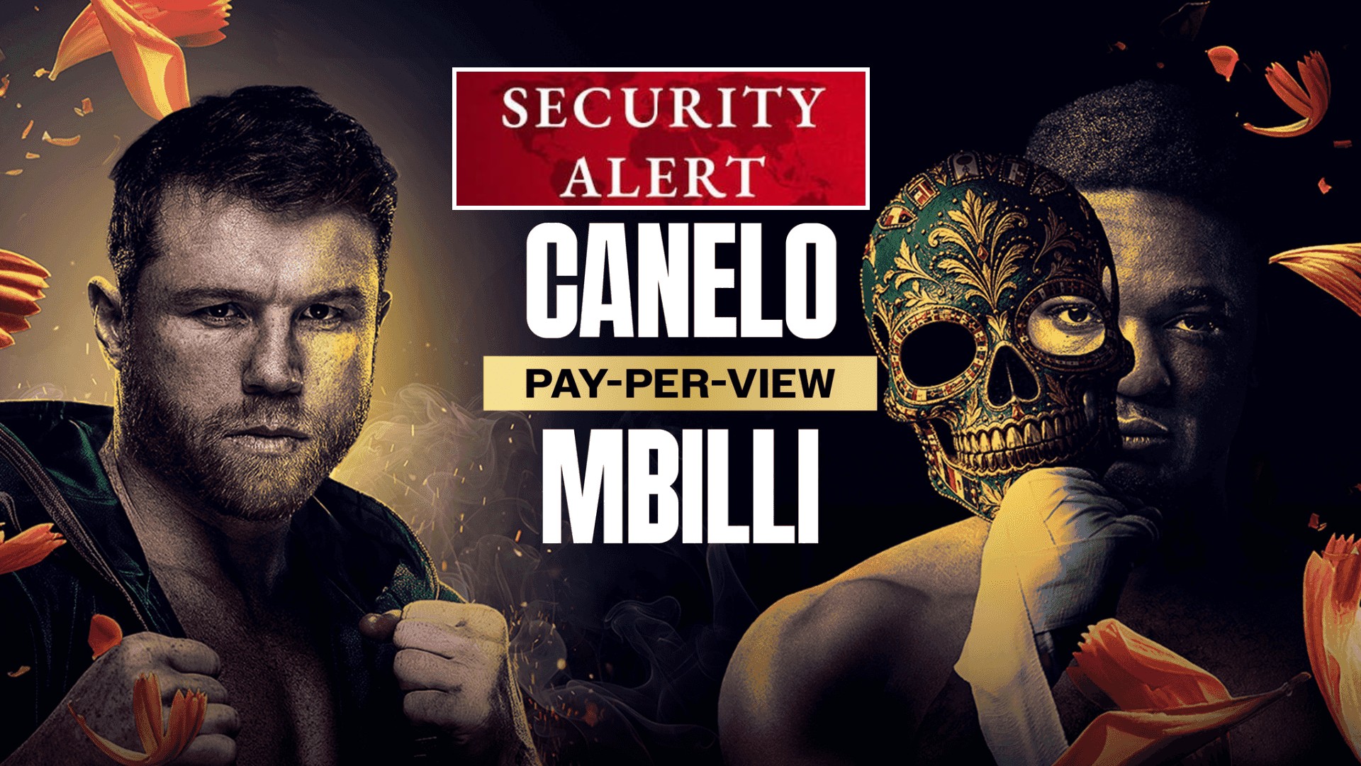 Canelo Alvarez and Christian Mbilli featured in a boxing graphic highlighting security concerns surrounding their planned fight in Riyadh, Saudi Arabia