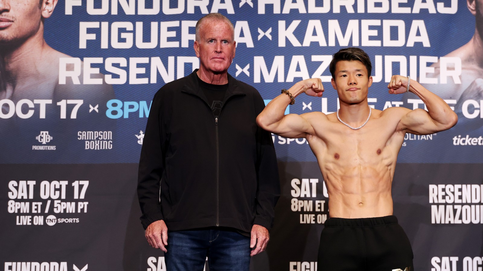 Tomoki Kameda poses at the weigh-in event ahead of his canceled WBA featherweight title fight against Brandon Figueroa.