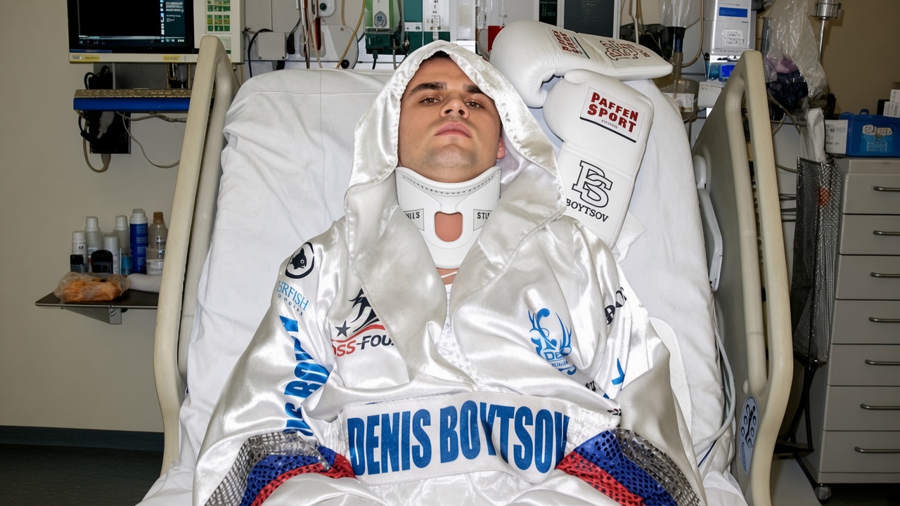 Denis Boytsov wearing his boxing robe and gloves while recovering in hospital following the Berlin subway tragedy in 2015