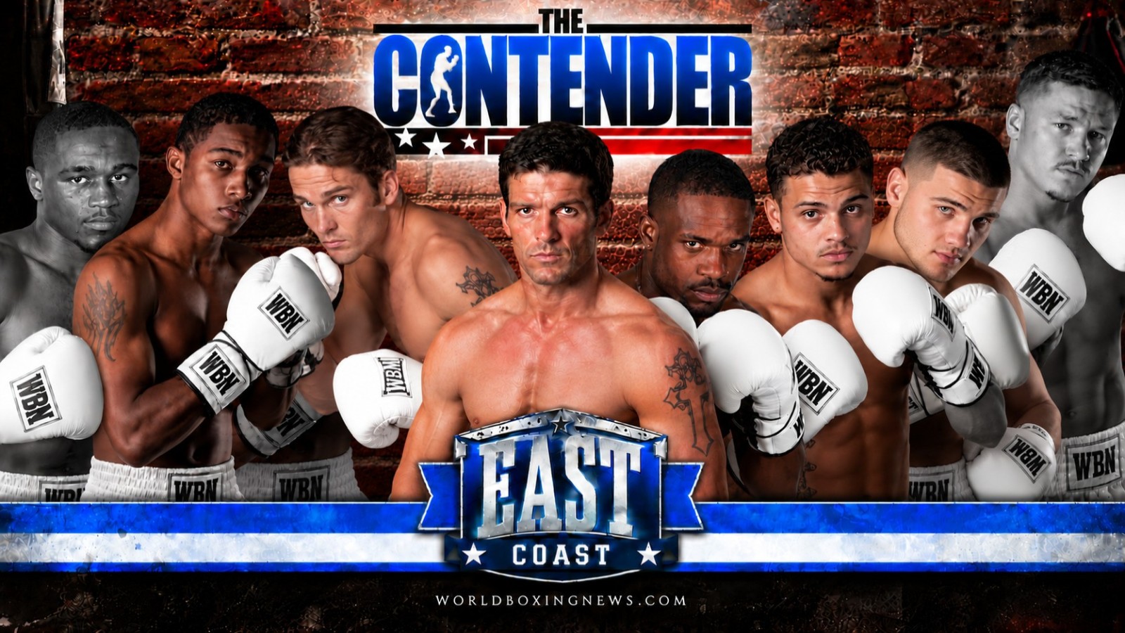 The Contender Season 1 East Coast team featuring eight original contestants, with Najai Turpin and Jeff Fraza remembered in black and white