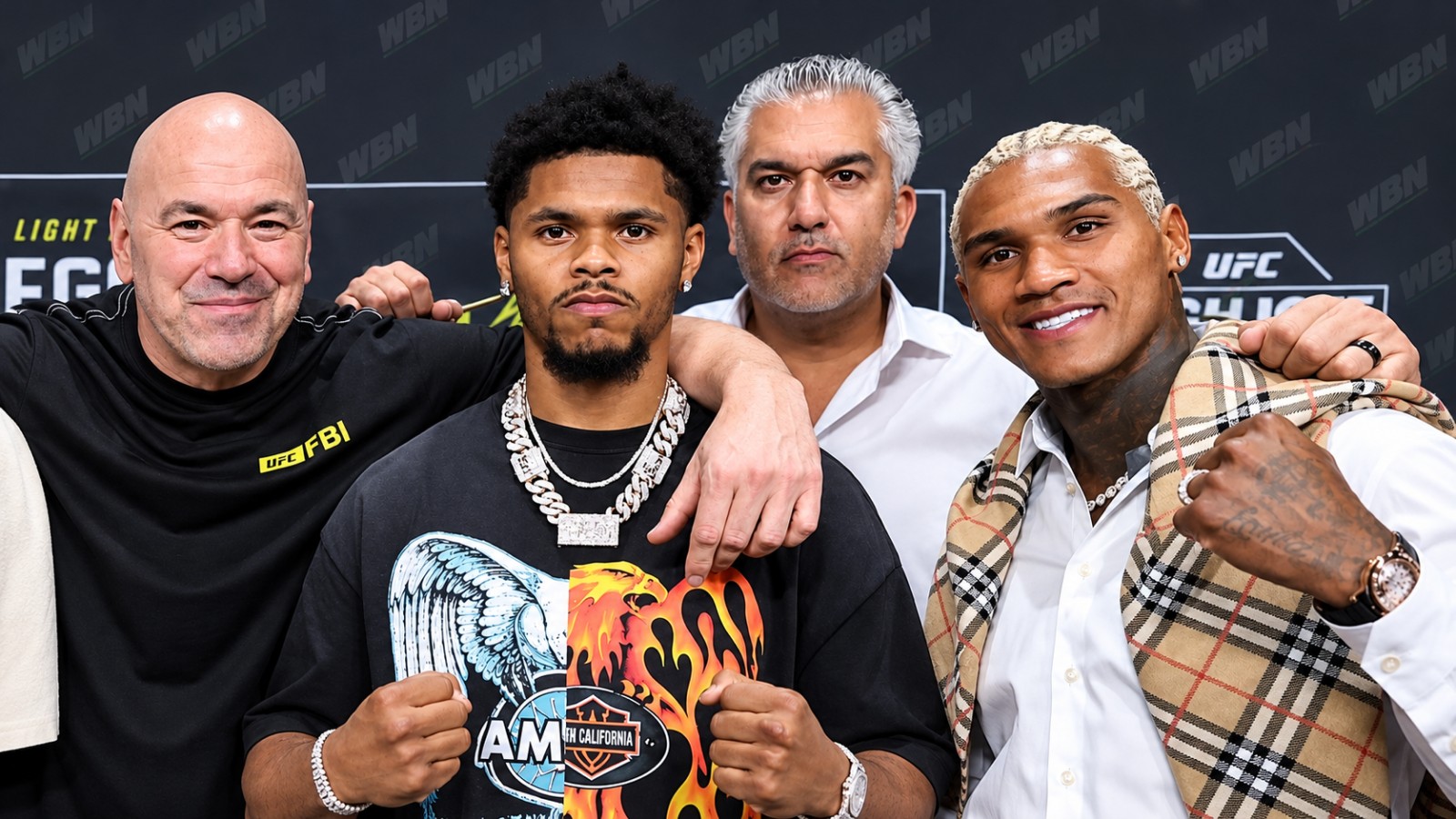 Dana White with Shakur Stevenson and Conor Benn at a Zuffa Boxing event amid reports of a $15 million Benn purse and $7 million Stevenson offer