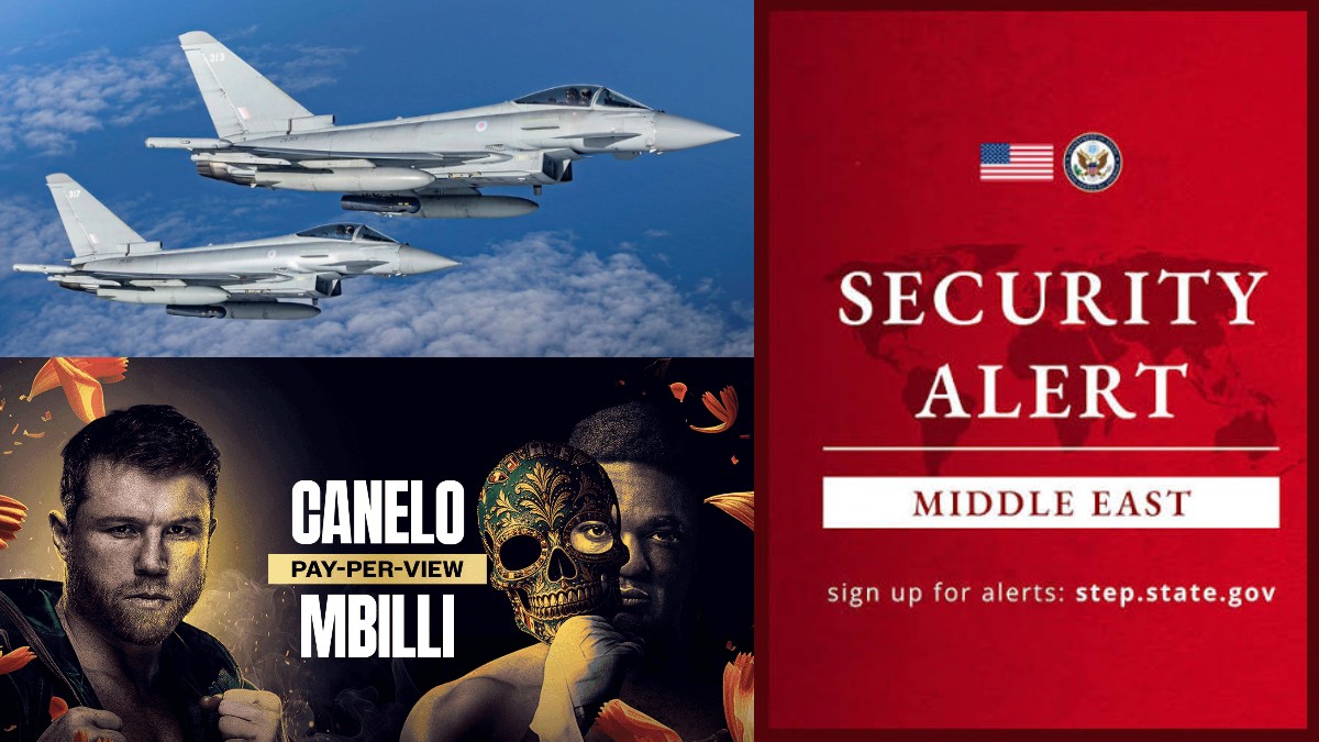 RAF Typhoon fighter jets pictured alongside Canelo Alvarez vs. Christian Mbilli and a US Middle East security alert amid Saudi Arabia safety concerns