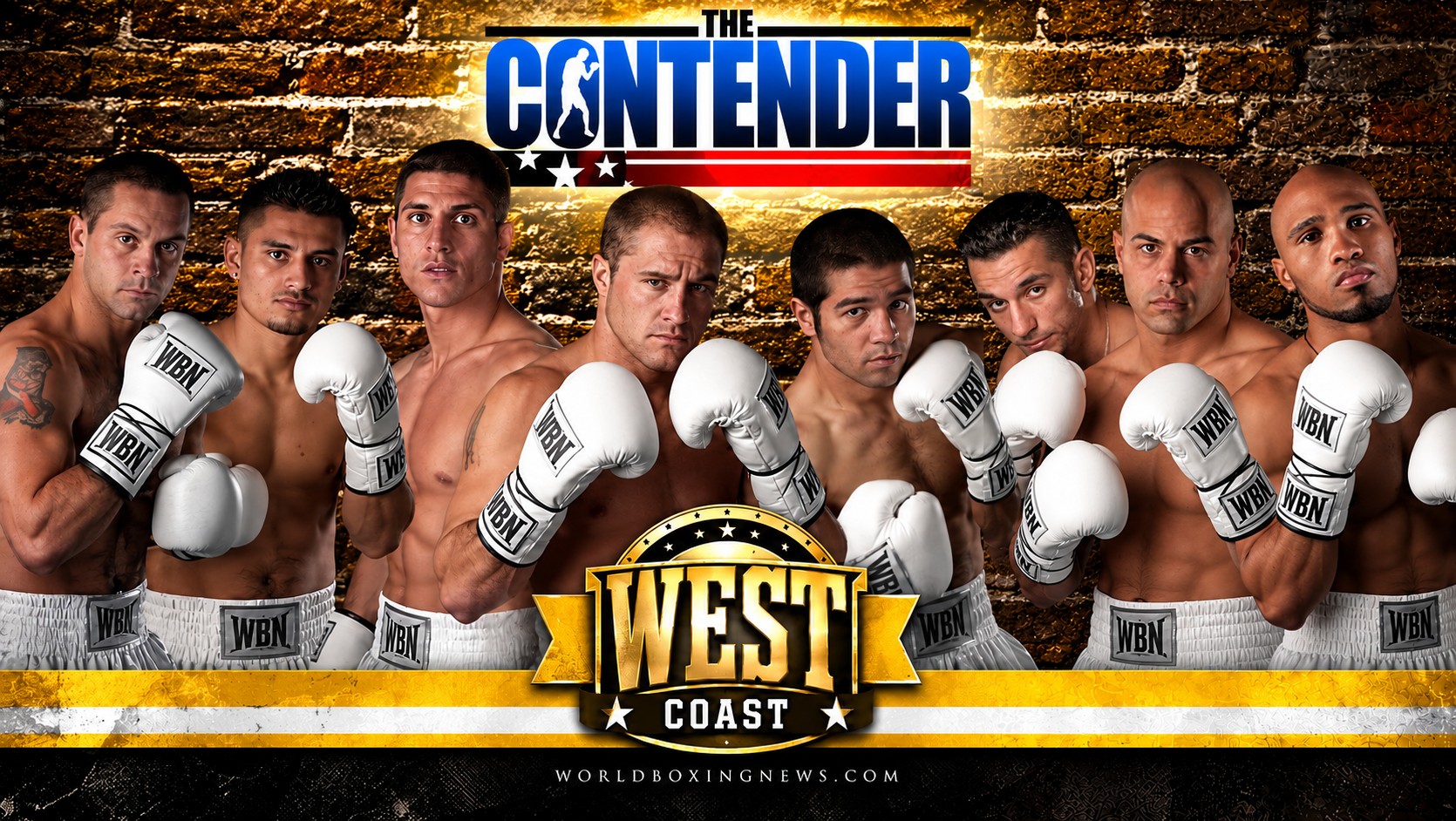 The Contender Season 1 West Coast Yellow Team promotional graphic featuring eight boxers, the original Contender logo and World Boxing News branding