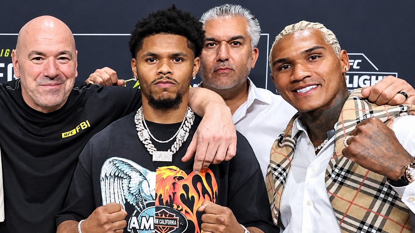 Dana White, Shakur Stevenson, Nick Khan and Conor Benn together at a Zuffa Boxing promotional event