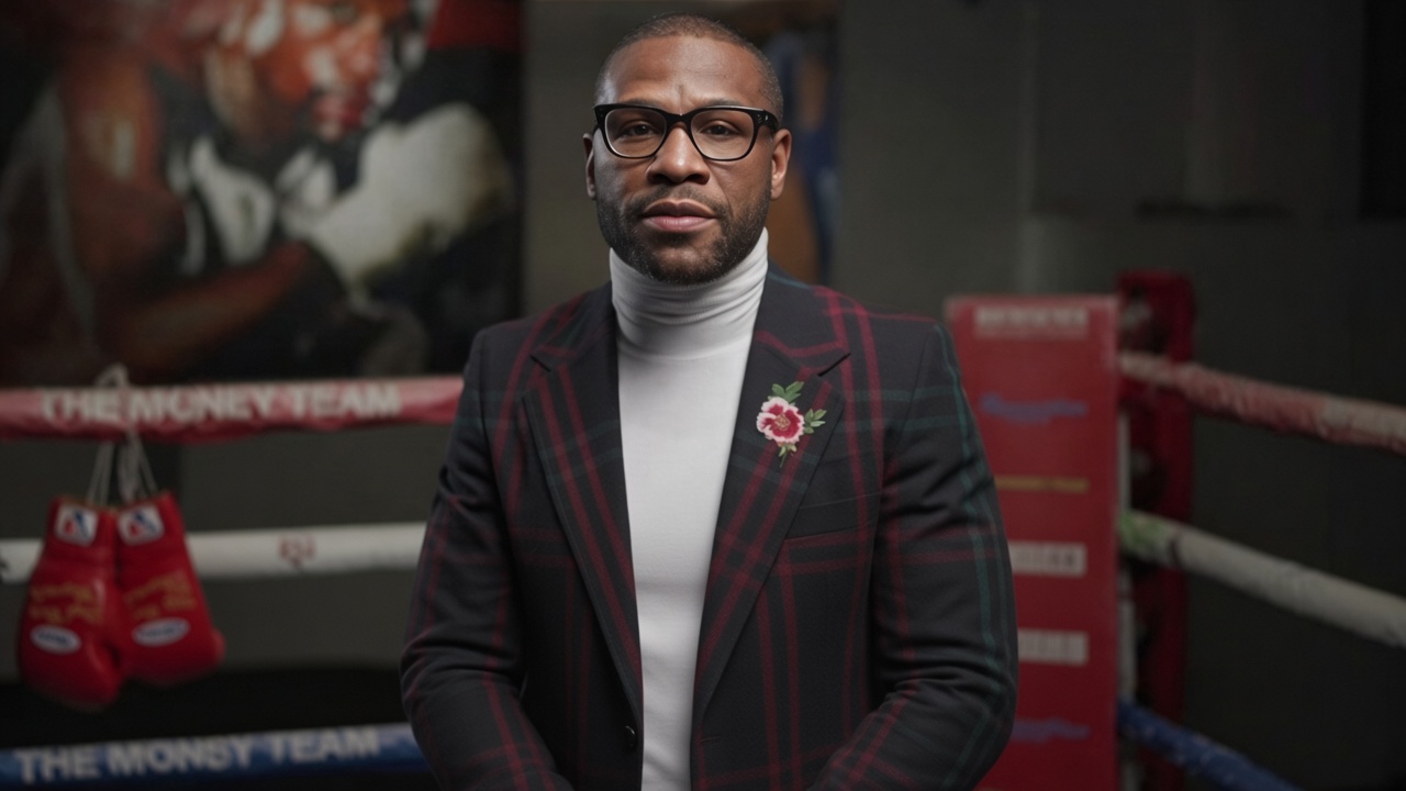 Floyd Mayweather wearing glasses and a checked jacket inside his Money Team boxing gym